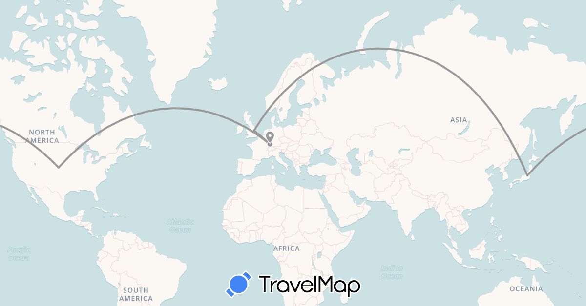 TravelMap itinerary: driving, plane in France, United Kingdom, Japan, United States (Asia, Europe, North America)